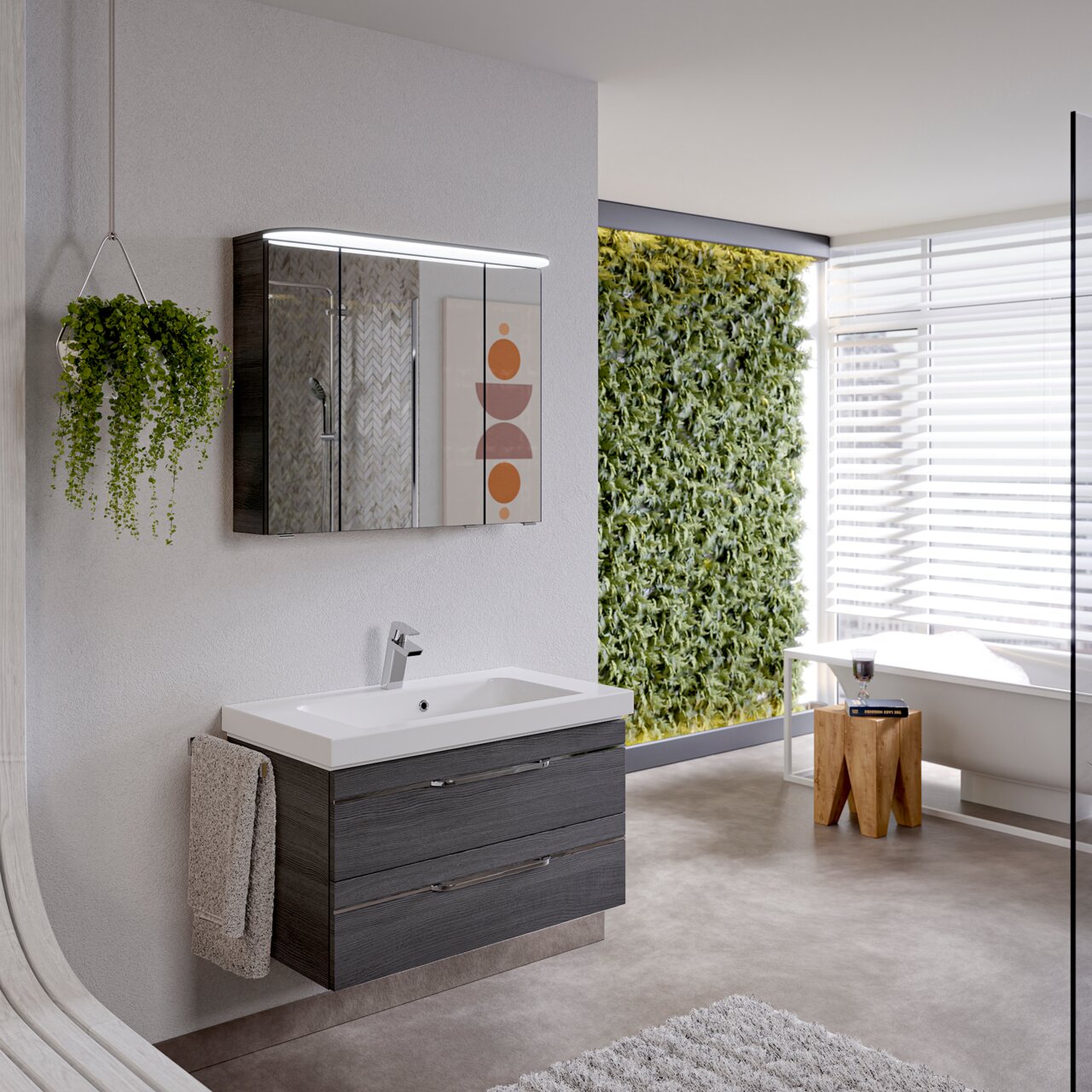 Moderner Badblock mit Waschbecken und Spiegel, seitliche Perspektive