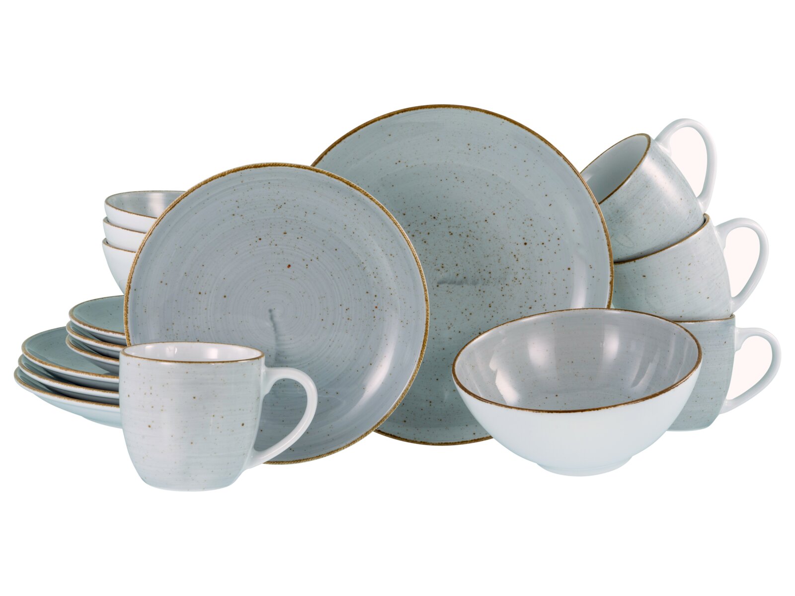 Creatable Kombiservice 16-tlg VINTAGE NATURE Hellblaues, gesprenkeltes Keramik-Geschirrset mit Tellern, Schalen und Tassen mit braunem Rand, freigestellt auf weißem Hintergrund, Frontansicht in leichter Schrägperspektive