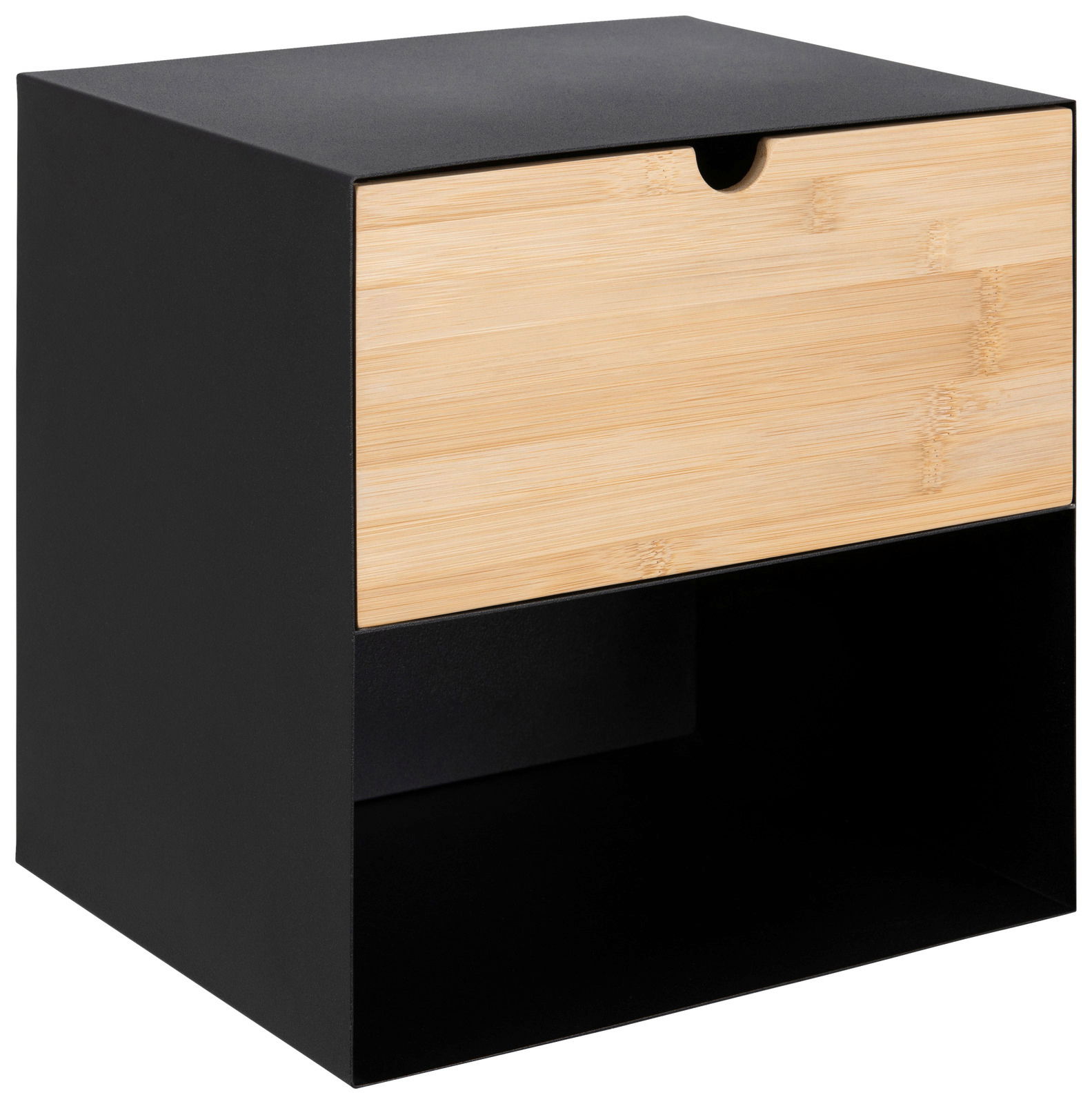 Moderne Nachtkommode mit schwarzem Korpus und Schublade aus hellem Holz, perspektivisch von vorne links fotografiert.