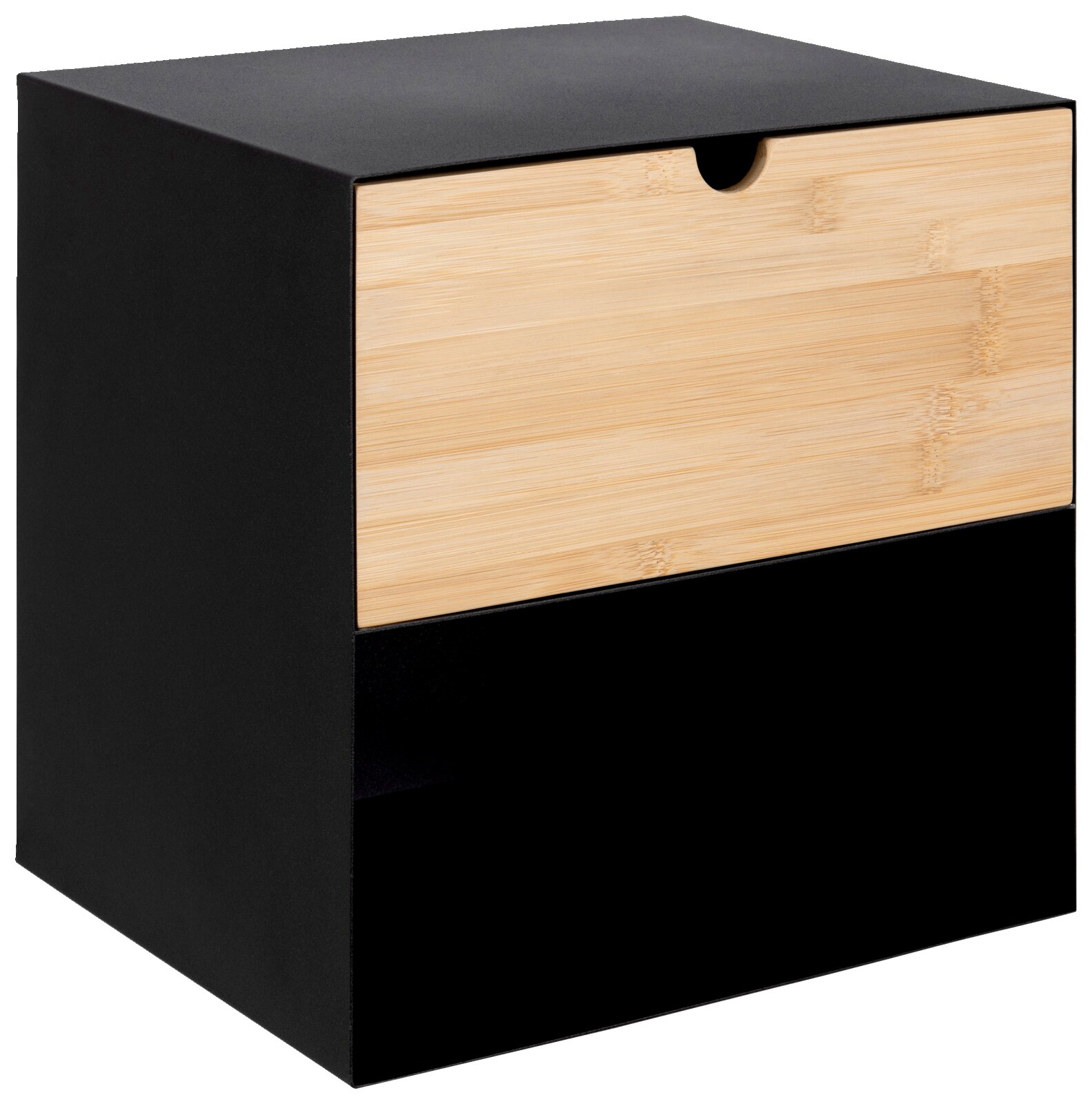 Moderne Nachtkommode mit schwarzem Korpus und Schublade aus hellem Holz, perspektivisch von vorne links fotografiert.