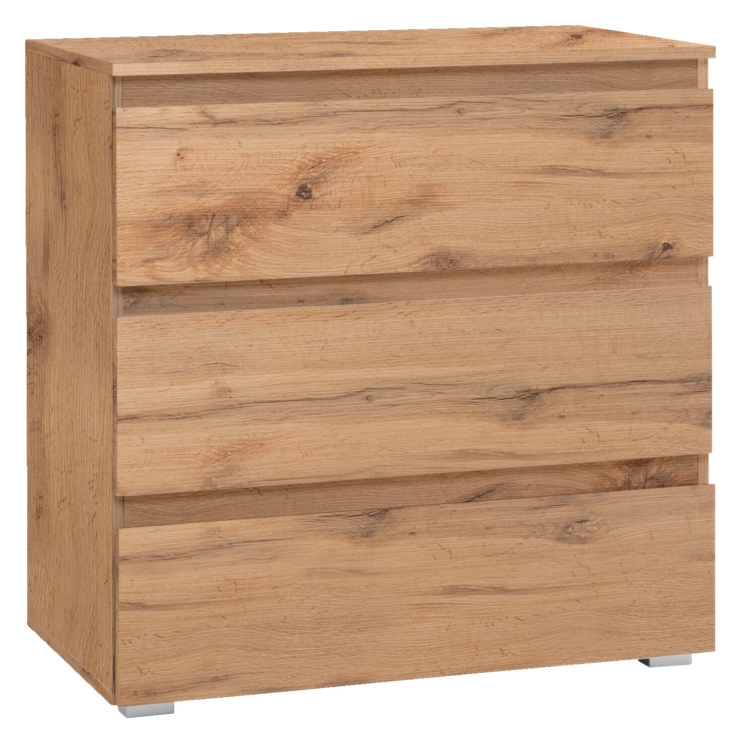 Holzkommode mit drei Schubladen, seitliche Perspektive