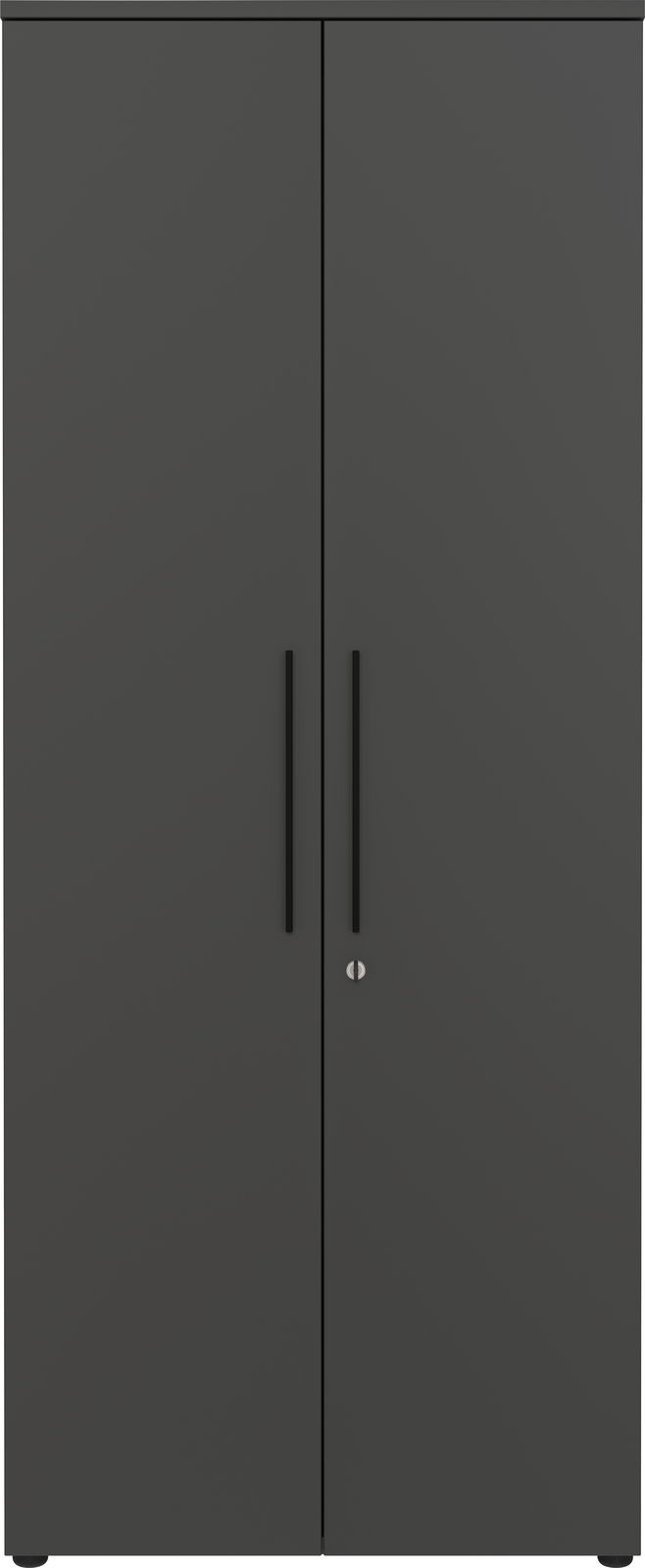 Vorderansicht eines breiten, schwarzen Aktenschranks mit zwei Türen und langen Griffen.