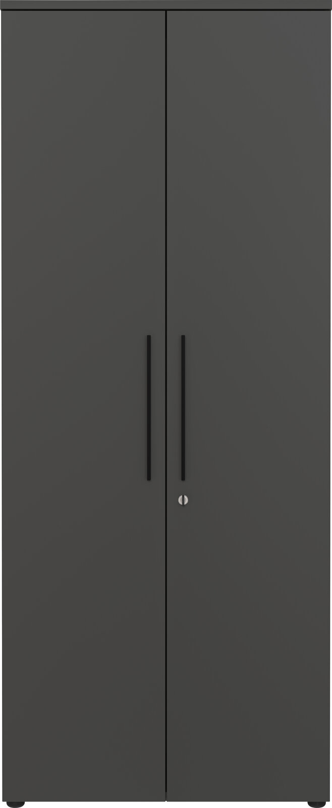 Vorderansicht eines breiten, schwarzen Aktenschranks mit zwei Türen und langen Griffen.