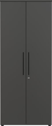 Vorderansicht eines breiten, schwarzen Aktenschranks mit zwei Türen und langen Griffen.