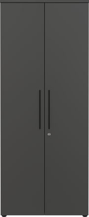 Vorderansicht eines breiten, schwarzen Aktenschranks mit zwei Türen und langen Griffen.