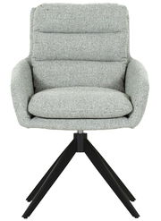 Frontansicht eines grauen Armlehnstuhls mit gepolsterter Sitzfläche und schwarzem Metallgestell.