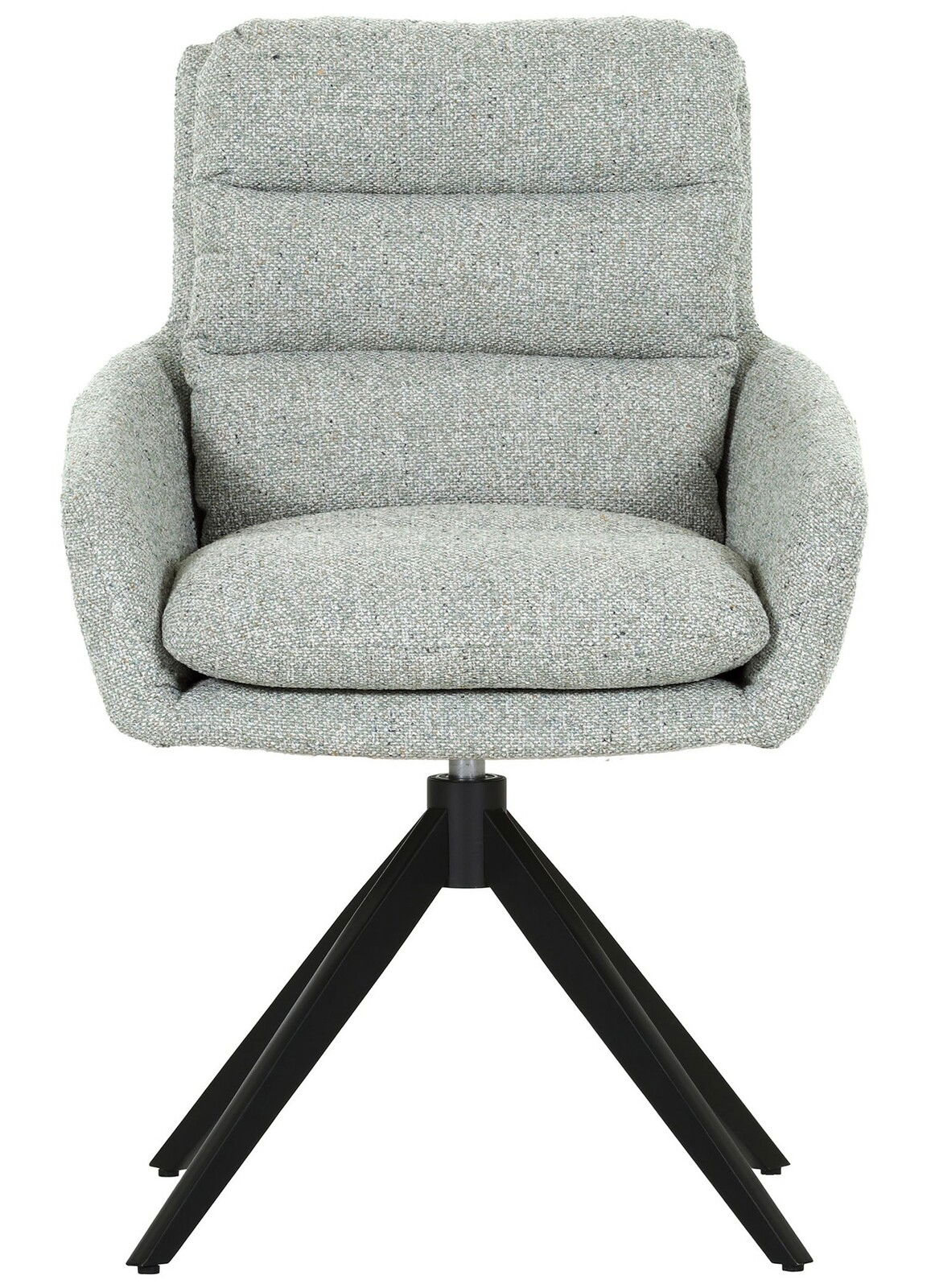 Frontansicht eines grauen Armlehnstuhls mit gepolsterter Sitzfläche und schwarzem Metallgestell.