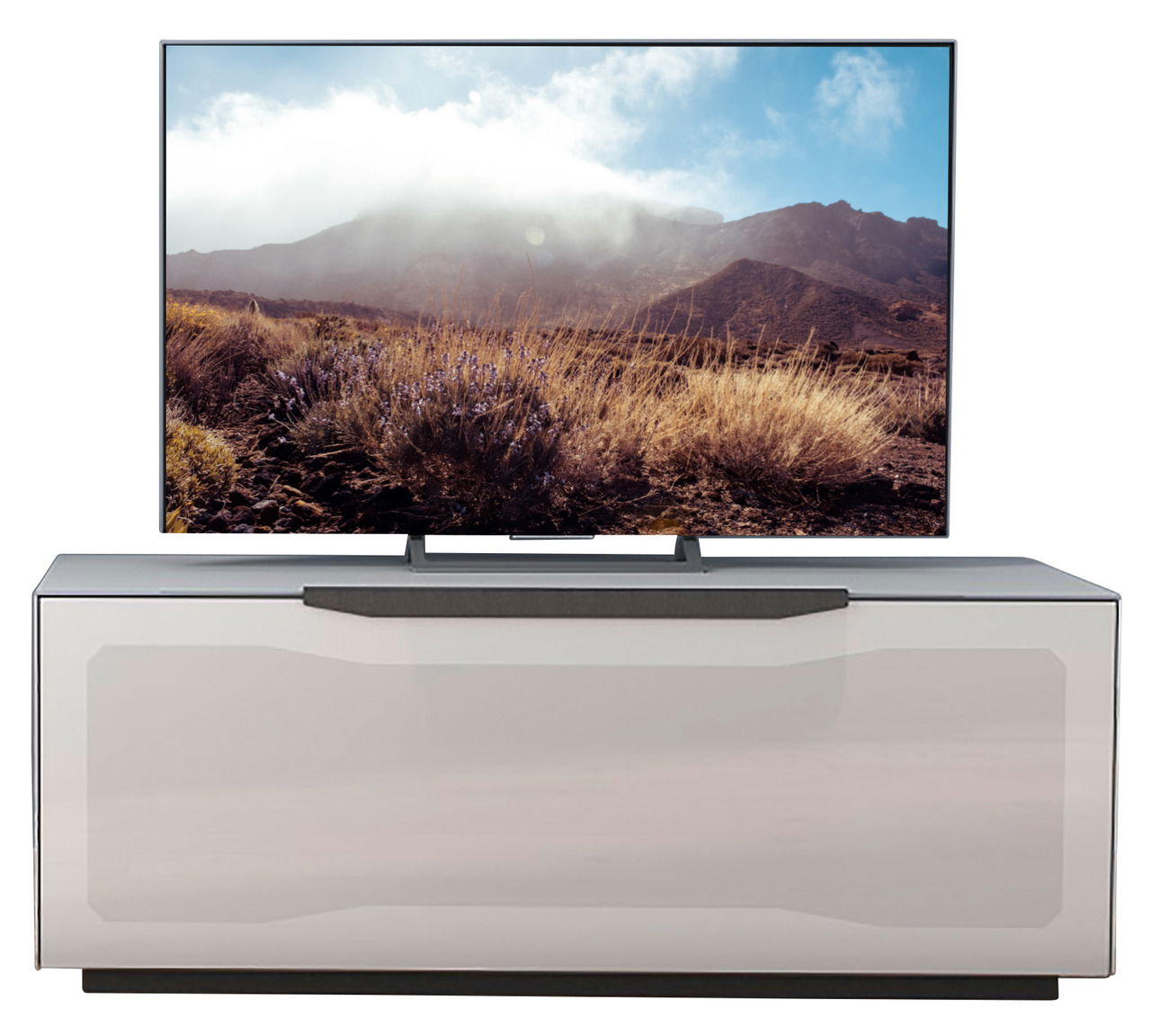 TV-Lowboard mit modernem Design, frontal betrachtet, mit einem großen Flachbildfernseher darauf.