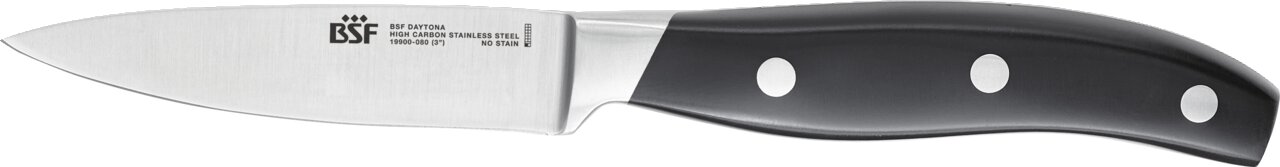 Spick- und Garniermesser mit schwarzem Griff und Edelstahlklinge, seitliche Ansicht