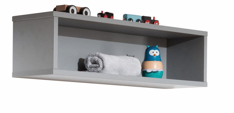 Graue Wandbox mit Spielzeug und Handtuch, seitliche Perspektive