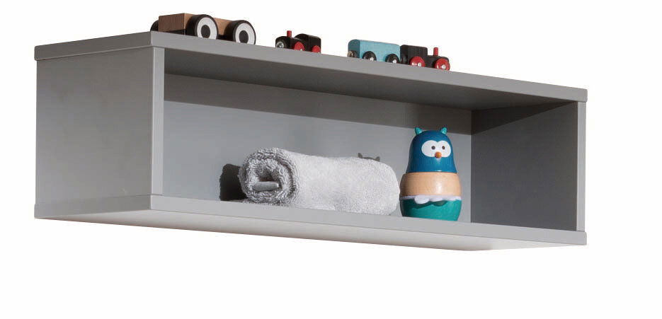 Paidi Wandbox STEN Graue Wandbox mit Spielzeug und Handtuch, seitliche Perspektive