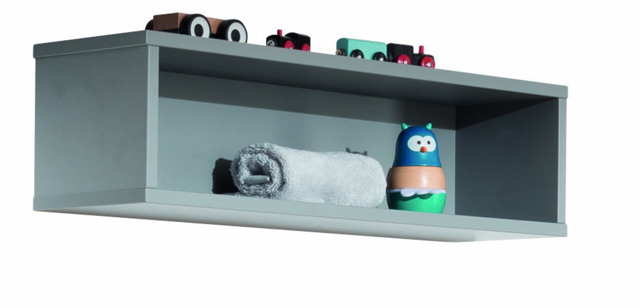 Graue Wandbox mit Spielzeug und Handtuch, seitliche Perspektive