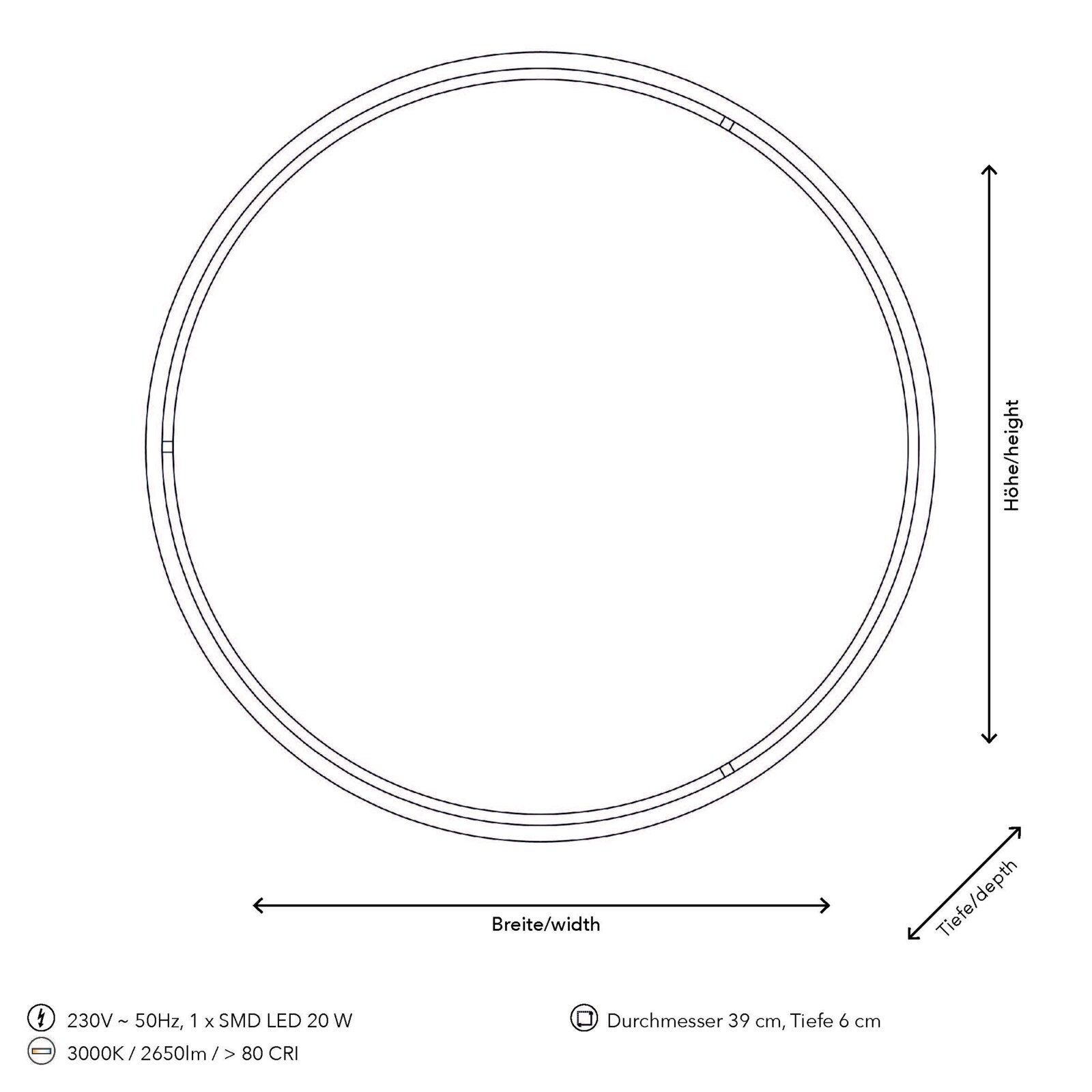 Technische Zeichnung einer runden LED-Deckenleuchte mit einem Durchmesser von 39 cm und einer Tiefe von 6 cm, aus der Draufsicht. Die Leuchte hat eine Leistung von 20 W, 3000K Farbtemperatur und 2650 Lumen.