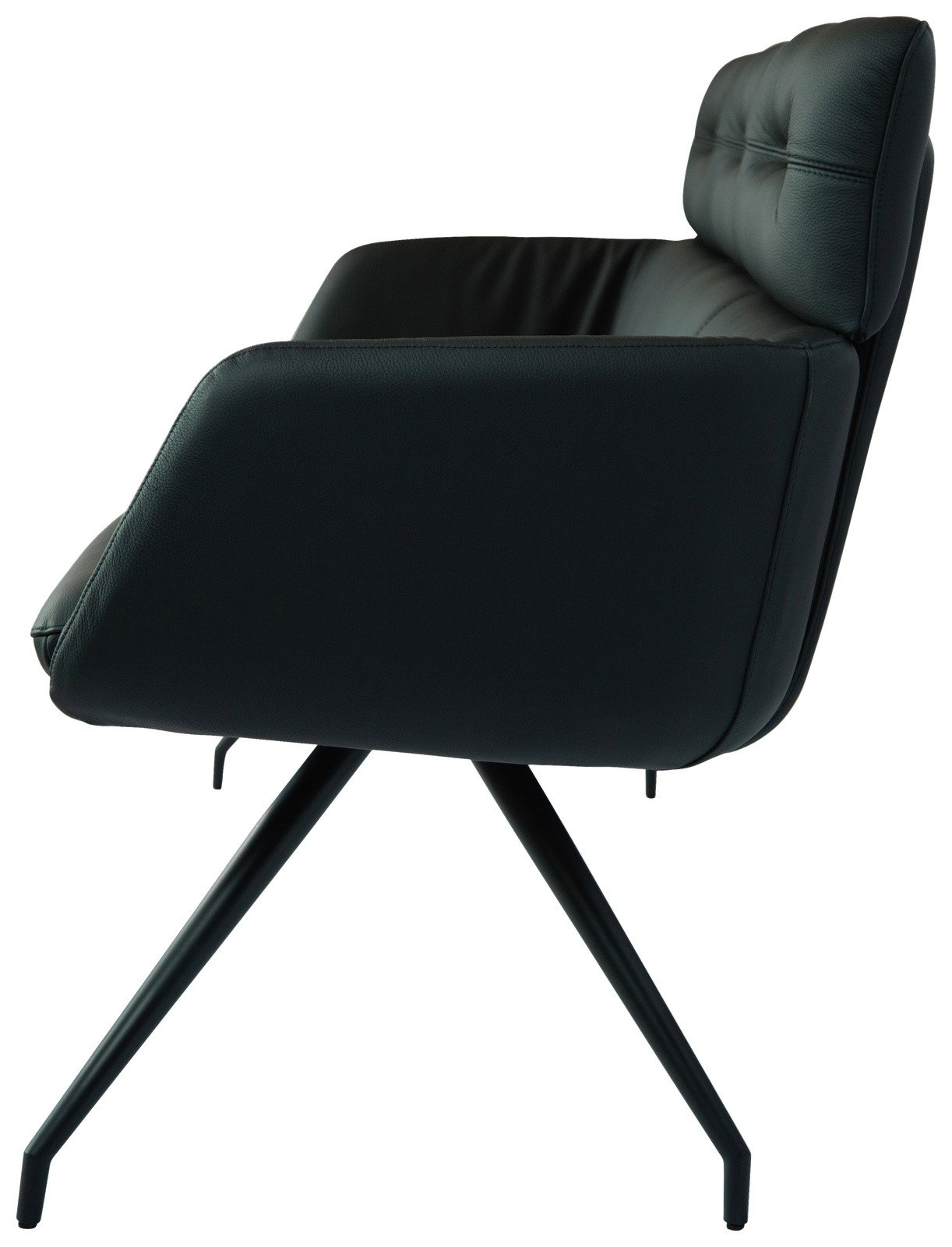 Seitliche Ansicht eines modernen schwarzen Sessels mit schlanken Metallbeinen und gepolsterter Rückenlehne.