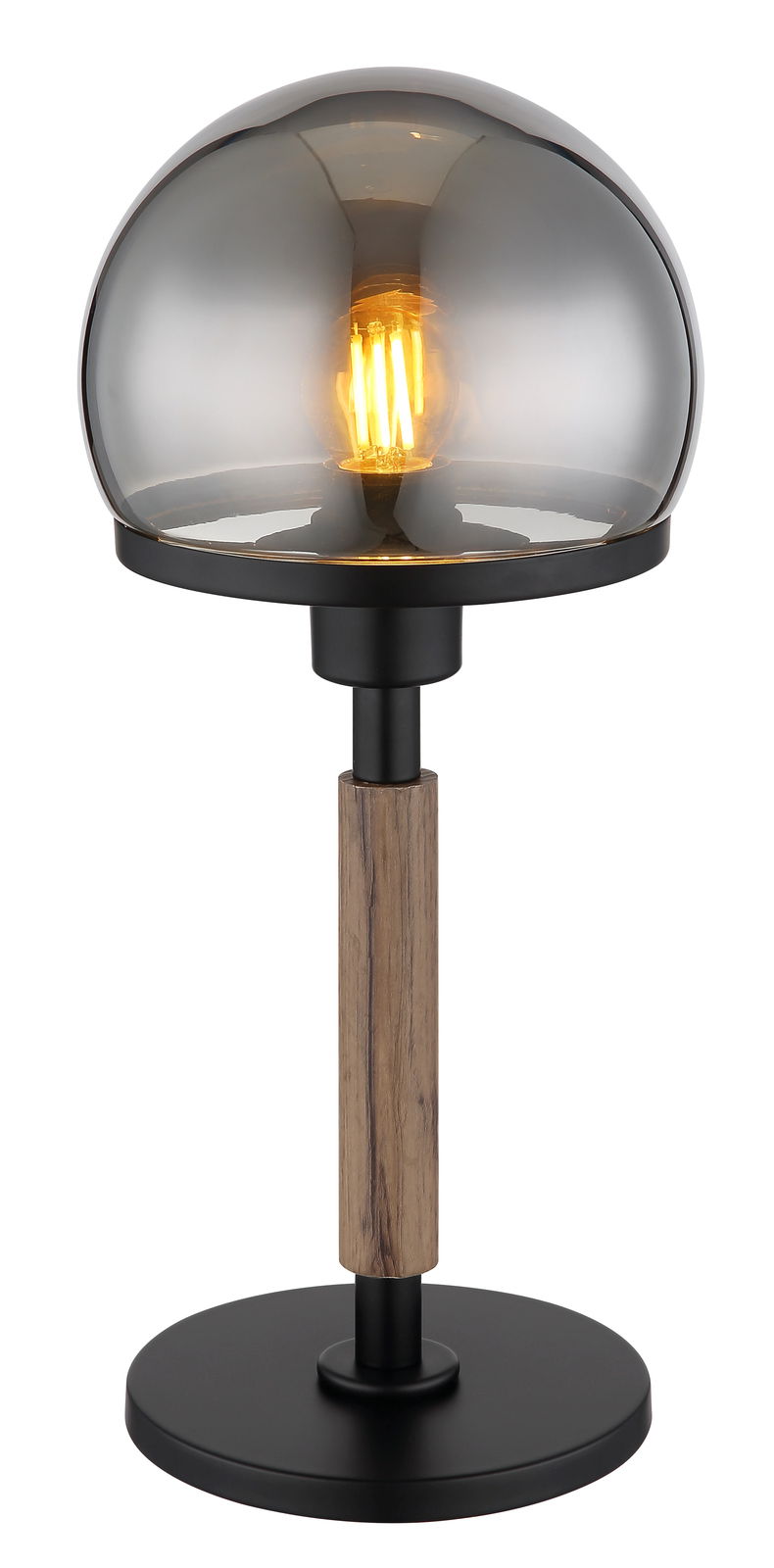 Globo Lighting Tischleuchte HAKU Moderne Tischleuchte HAKU mit rauchgrauem Glasschirm und Holzdetails, seitliche Perspektive