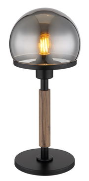 Moderne Tischleuchte HAKU mit rauchgrauem Glasschirm und Holzdetails, seitliche Perspektive