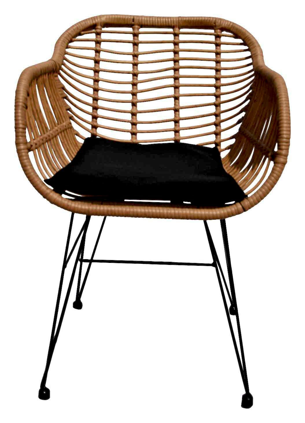 Moderner Gartensessel aus Rattan mit schwarzem Sitzkissen, Vorderansicht