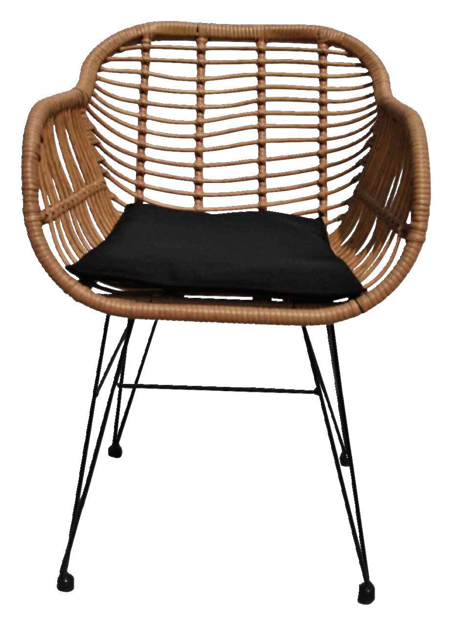 Moderner Gartensessel aus Rattan mit schwarzem Sitzkissen, Vorderansicht