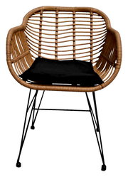 Moderner Gartensessel aus Rattan mit schwarzem Sitzkissen, Vorderansicht