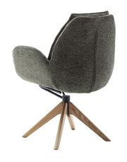 Rückansicht eines modernen Armlehnstuhls mit grauem Stoffbezug und Holzbeinen