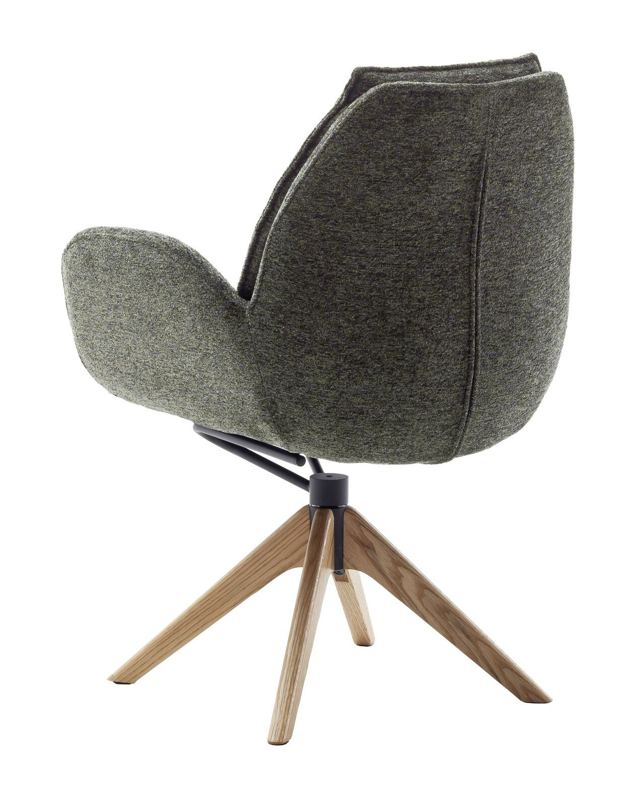 Rückansicht eines modernen Armlehnstuhls mit grauem Stoffbezug und Holzbeinen