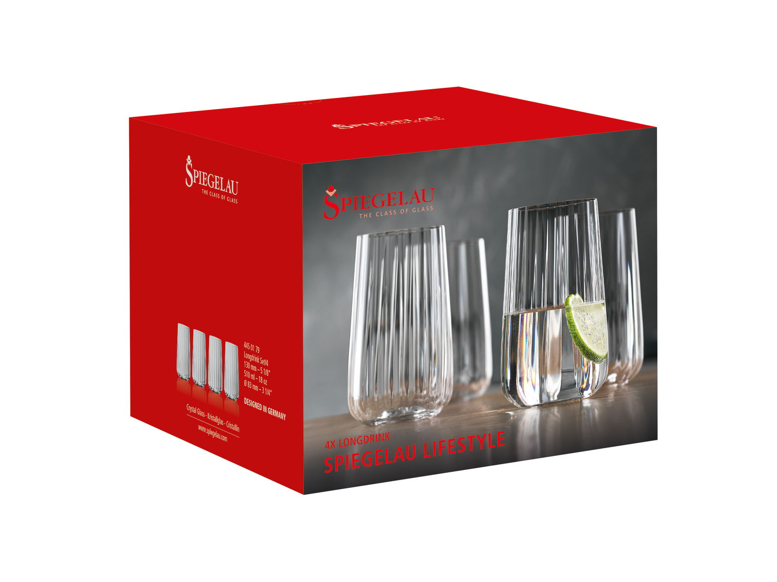Spiegelau 4er Longdrink-Set LIFESTYLE Verpackung mit vier Longdrinkgläsern der Serie Spiegelau Lifestyle, seitliche Perspektive