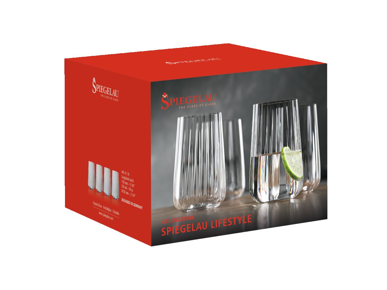 Verpackung mit vier Longdrinkgläsern der Serie Spiegelau Lifestyle, seitliche Perspektive