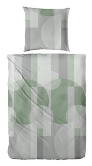Bettwäsche-Set mit geometrischem Muster in Grün- und Grautönen, bestehend aus einem Kissenbezug und einem Bettdeckenbezug, aus der Vogelperspektive fotografiert.