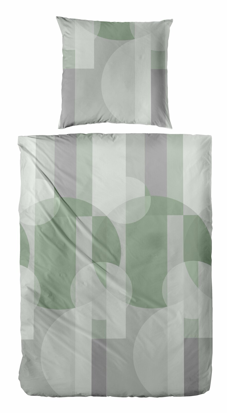 Primera Bettwäsche Bettwäsche-Set mit geometrischem Muster in Grün- und Grautönen, bestehend aus einem Kissenbezug und einem Bettdeckenbezug, aus der Vogelperspektive fotografiert.