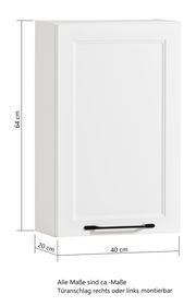 Weißer Hängeschrank mit den Maßen 64 cm Höhe, 40 cm Breite und 20 cm Tiefe, frontal und leicht seitlich betrachtet.