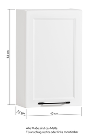 Weißer Hängeschrank mit den Maßen 64 cm Höhe, 40 cm Breite und 20 cm Tiefe, frontal und leicht seitlich betrachtet.