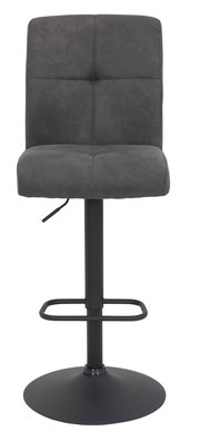 Grauer Barhocker LENI mit gepolsterter Rückenlehne und Sitzfläche, schwarzem Standfuß und Fußstütze, Frontalansicht.