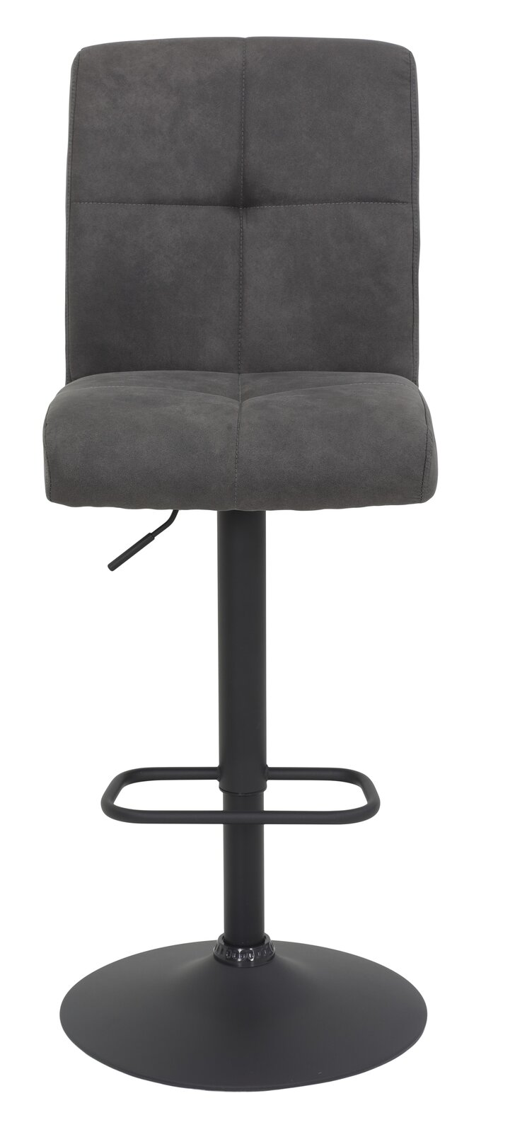 Grauer Barhocker LENI mit gepolsterter Rückenlehne und Sitzfläche, schwarzem Standfuß und Fußstütze, Frontalansicht.