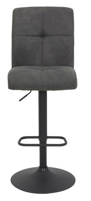 Grauer Barhocker LENI mit gepolsterter Rückenlehne und Sitzfläche, schwarzem Standfuß und Fußstütze, Frontalansicht.