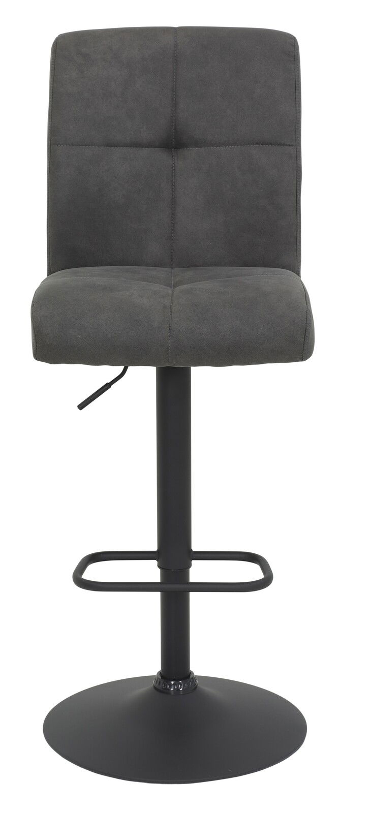 Grauer Barhocker LENI mit gepolsterter Rückenlehne und Sitzfläche, schwarzem Standfuß und Fußstütze, Frontalansicht.
