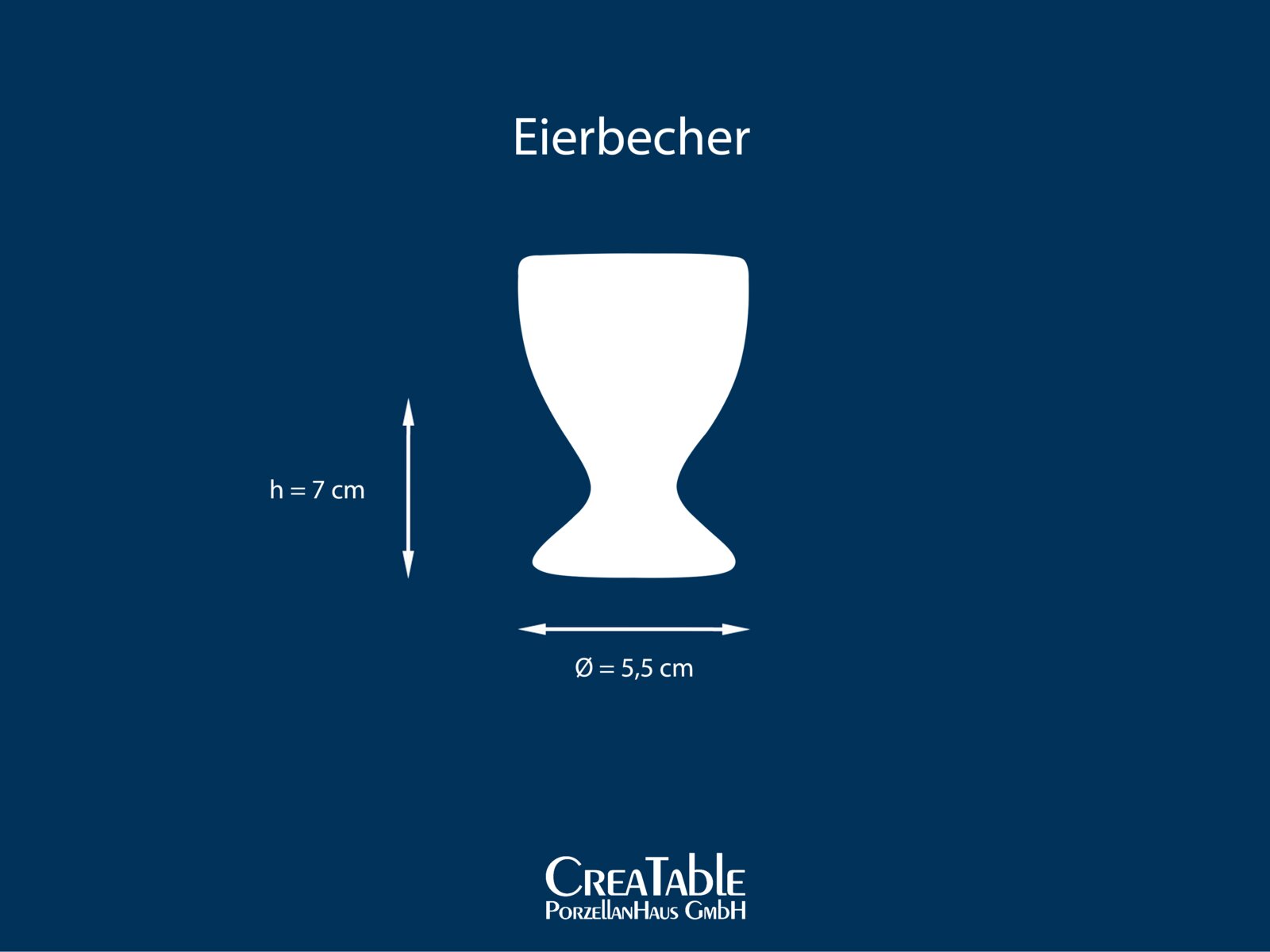 Weißer Eierbecher aus Porzellan, Frontansicht, Höhe 7 cm und Durchmesser 5,5 cm, auf blauem Hintergrund.