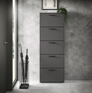 Moderner, grauer Schuhkipper mit fünf Klappen, frontal fotografiert, neben einem Regenschirmständer in einem stilvollen Eingangsbereich.