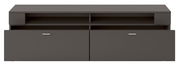 Modernes TV-Lowboard in dunklem Grau mit zwei Schubladen und offenen Fächern, Frontalansicht