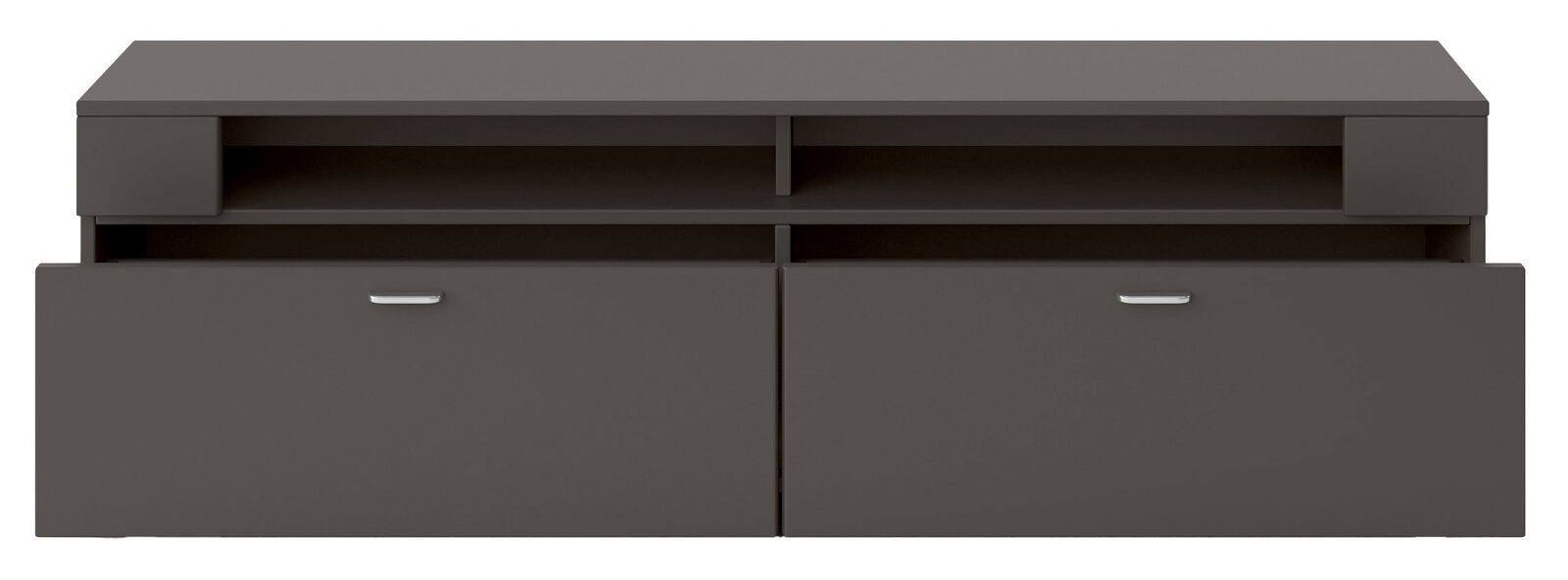 Modernes TV-Lowboard in dunklem Grau mit zwei Schubladen und offenen Fächern, Frontalansicht