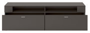 Modernes TV-Lowboard in dunklem Grau mit zwei Schubladen und offenen Fächern, Frontalansicht