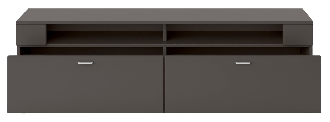 Modernes TV-Lowboard in dunklem Grau mit zwei Schubladen und offenen Fächern, Frontalansicht