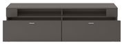 Modernes TV-Lowboard in dunklem Grau mit zwei Schubladen und offenen Fächern, Frontalansicht