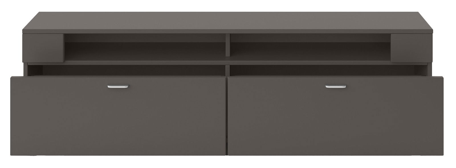 Modernes TV-Lowboard in dunklem Grau mit zwei Schubladen und offenen Fächern, Frontalansicht