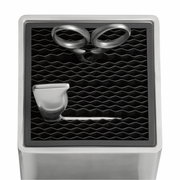 Vogelperspektive auf einen Messerblock aus Edelstahl mit Schere und Messer.