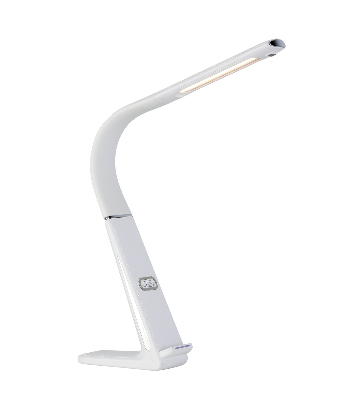 Novel LED-Schreibtischleuchte CHARGE Moderne LED-Schreibtischleuchte in seitlicher Perspektive mit schlankem, gebogenem Design und Touch-Bedienfeld.