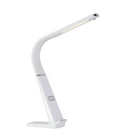 Moderne LED-Schreibtischleuchte in seitlicher Perspektive mit schlankem, gebogenem Design und Touch-Bedienfeld.
