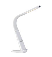 Moderne LED-Schreibtischleuchte in seitlicher Perspektive mit schlankem, gebogenem Design und Touch-Bedienfeld.