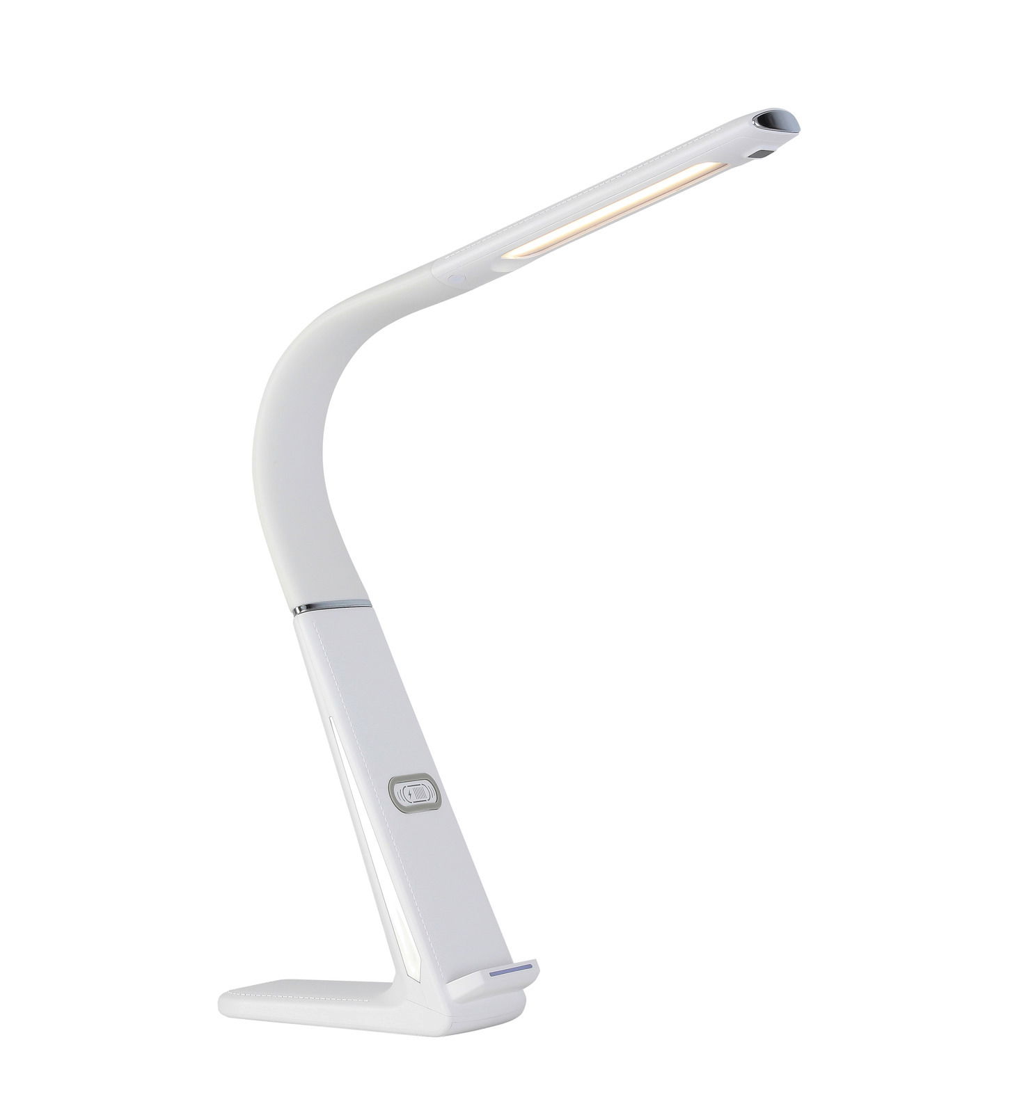 Moderne LED-Schreibtischleuchte in seitlicher Perspektive mit schlankem, gebogenem Design und Touch-Bedienfeld.