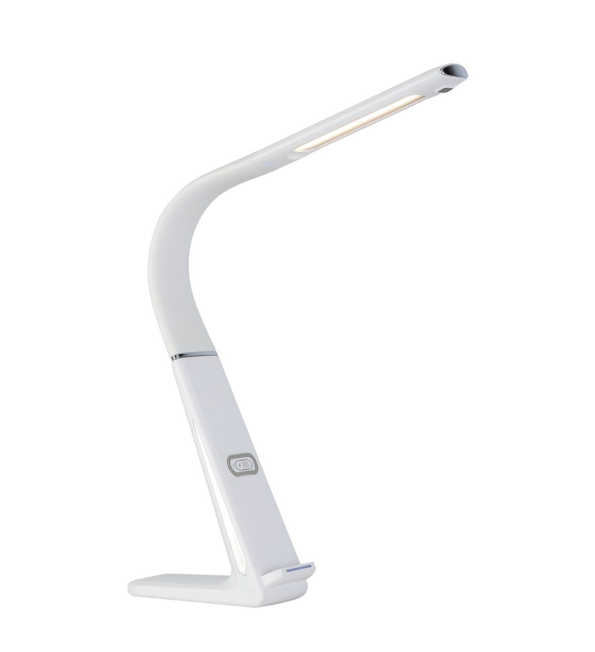 Novel LED-bureaulamp CHARGE Moderne led-bureaulamp in zijaanzicht, met een slank, gebogen ontwerp en een aanraakbedieningspaneel.