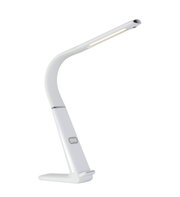Moderne led-bureaulamp in zijaanzicht, met een slank, gebogen ontwerp en een aanraakbedieningspaneel.